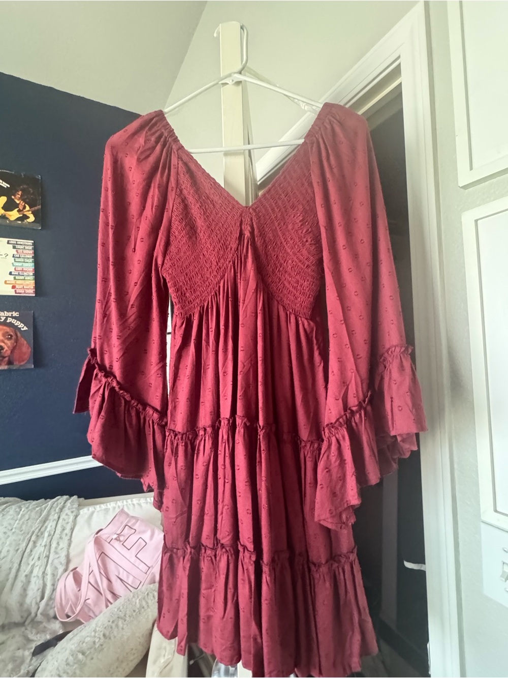 Angie Rust Red Tiered V-Neck Long Sleeve Dress